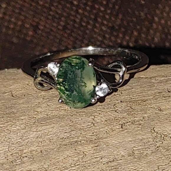 Moss Agate Ring Quartz Sterling Silver 925 Size 8 Oval Green Nature Earth Stamp - Picture 8 of 16